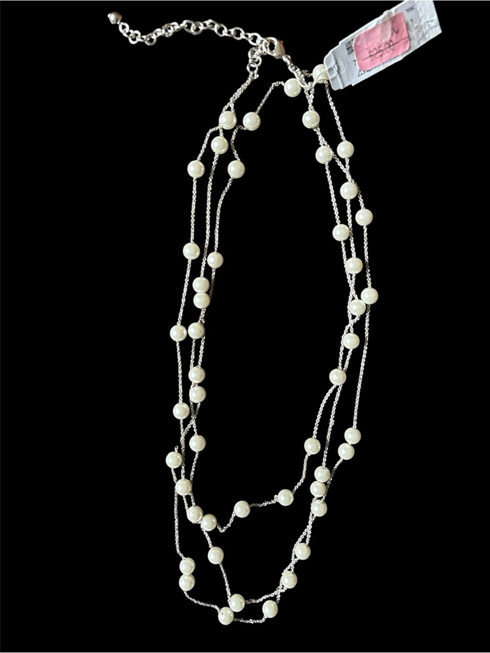 Layered Pearl Station Necklace in White and Silver